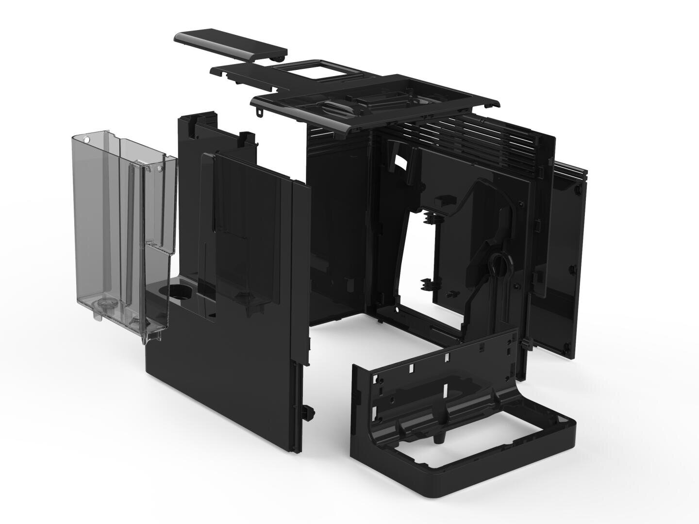 Explosionszeichnung eines schwarzen und transparenten Kunststoffgeräts, möglicherweise eines Haushaltsgeräts, das seine einzelnen Bestandteile und seine innere Struktur vor einem weißen Hintergrund zeigt.