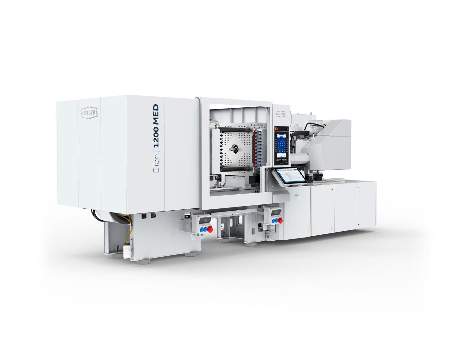 Eine weiße Industriespritzgießmaschine mit der Bezeichnung "Elion 1200 MED" von Netstal, die ein großes rechteckiges Gehäuse, ein Bedienfeld mit Bildschirm und einen offenen Werkzeugbereich aufweist.