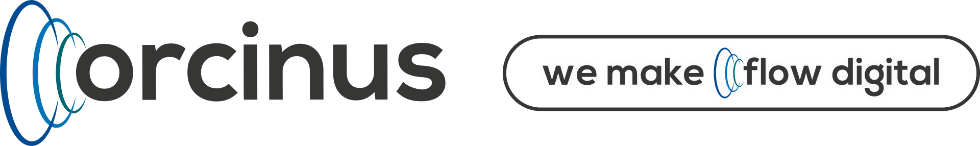 Orcinus-Logo mit drei sich überlappenden blauen Ringen neben dem Wort Orcinus und einem Slogan mit der Aufschrift we make flow digital, wobei die Ringe in das Wort flow integriert sind.