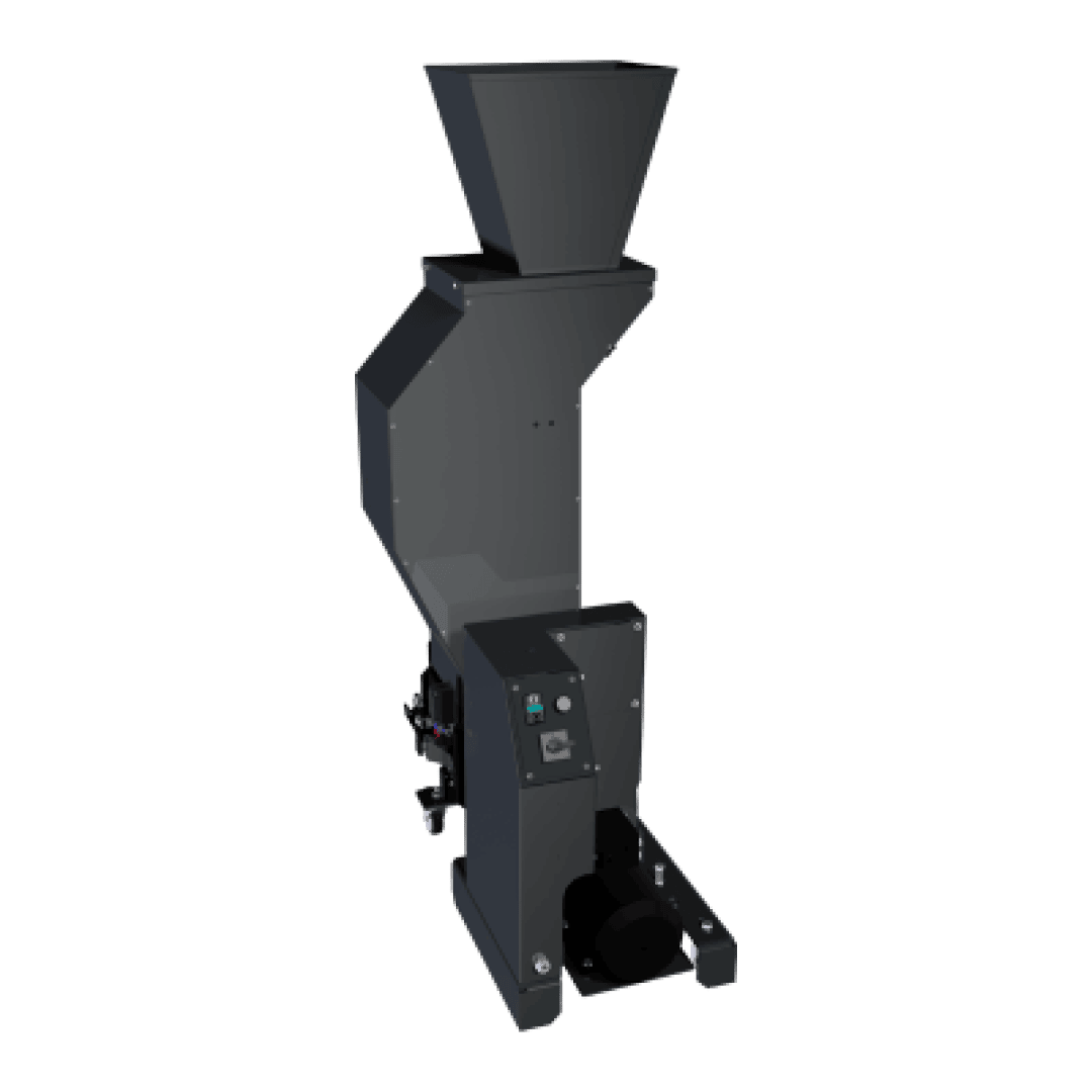 Une machine industrielle noire avec une grande trémie en forme d'entonnoir sur le dessus, une goulotte coudée et un panneau de commande sur le côté, conçue pour le traitement ou le broyage de matériaux.