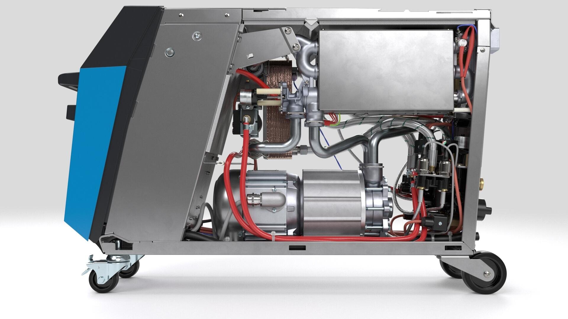 Seitenansicht einer Industriemaschine, bei der das Metallgehäuse entfernt wurde, so dass die inneren Komponenten, Rohre, Drähte und ein zylindrischer Motor oder eine Pumpe sichtbar werden, die alle auf einem fahrbaren Untersatz montiert sind.