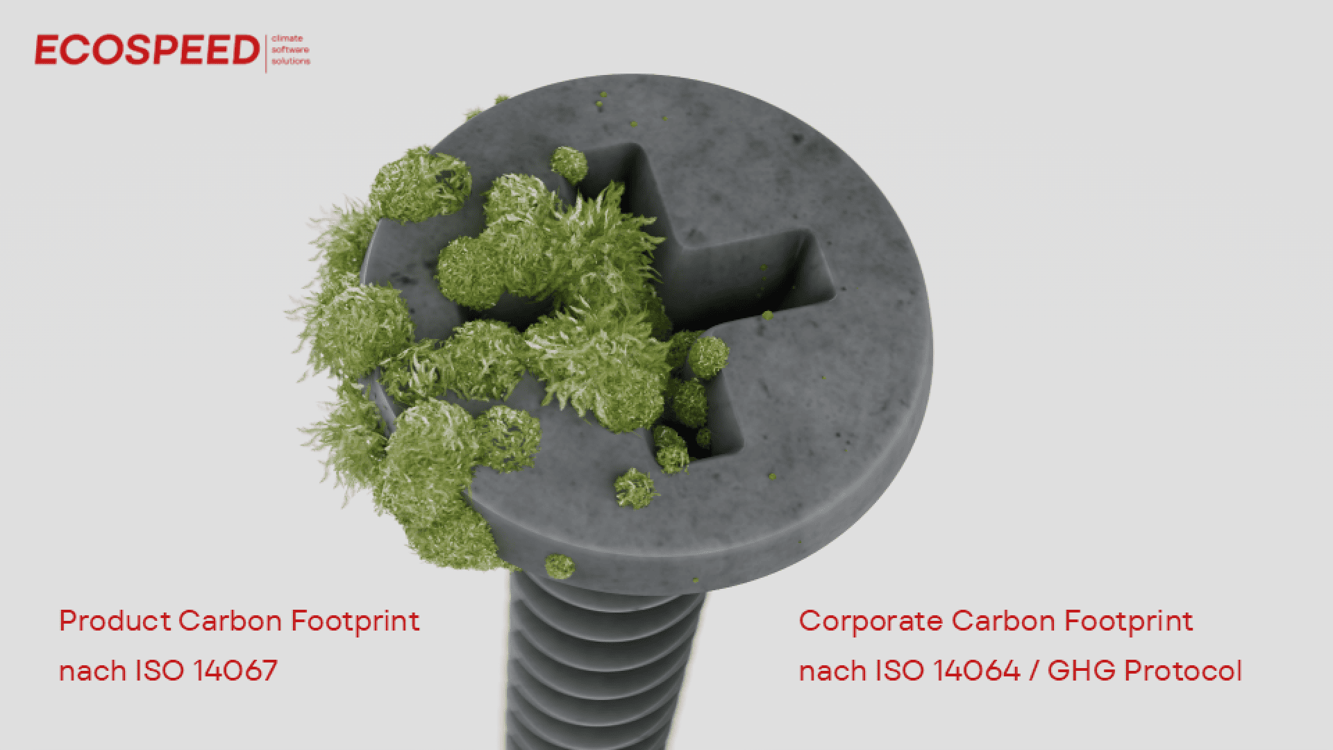 Un gros plan sur une tête de vis grise sur laquelle pousse de la mousse verte. Le logo ECOSPEED se trouve en haut à gauche. Le texte allemand en dessous est : Product Carbon Footprint selon ISO 14067 et Corporate Carbon Footprint selon ISO 14064 / GHG Protocol.