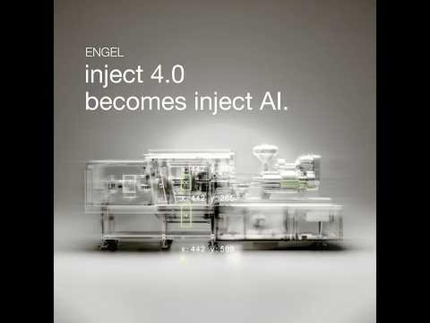 Image floue en niveaux de gris d'une machine industrielle avec texte : "ENGEL inject 4.0 devient inject AI".