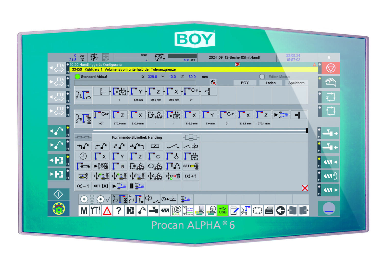 Un écran tactile de l'interface utilisateur BOY Procan ALPHA 6 avec différents boutons, icônes et diagrammes pour l'utilisation d'une machine industrielle, avec un cadre turquoise et le logo BOY en haut.