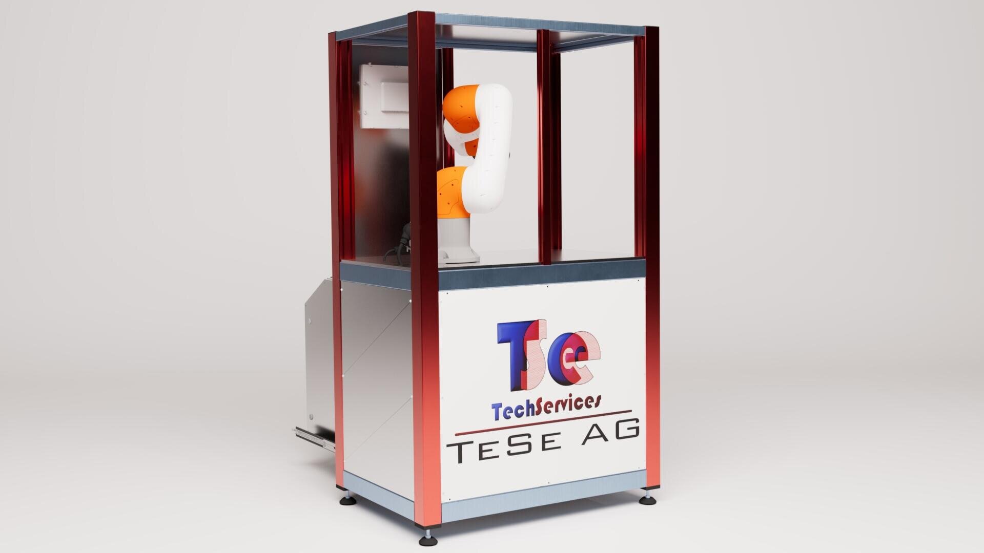 Un bras robotisé dans une cabine rectangulaire transparente, avec les inscriptions Techservices et TESE AG sur le devant, sur un fond sobre et clair.