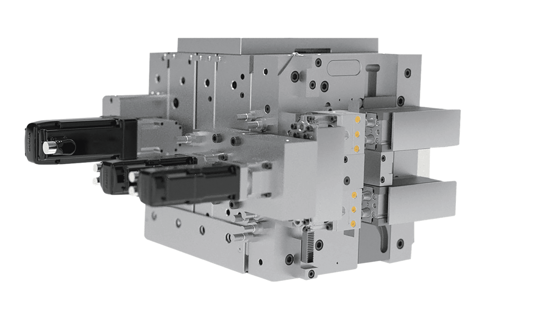 Eine Nahaufnahme einer komplexen, metallischen industriellen Maschinenkomponente mit mehreren Teilen, Schrauben und schwarzen Verlängerungen vor einem weißen Hintergrund.