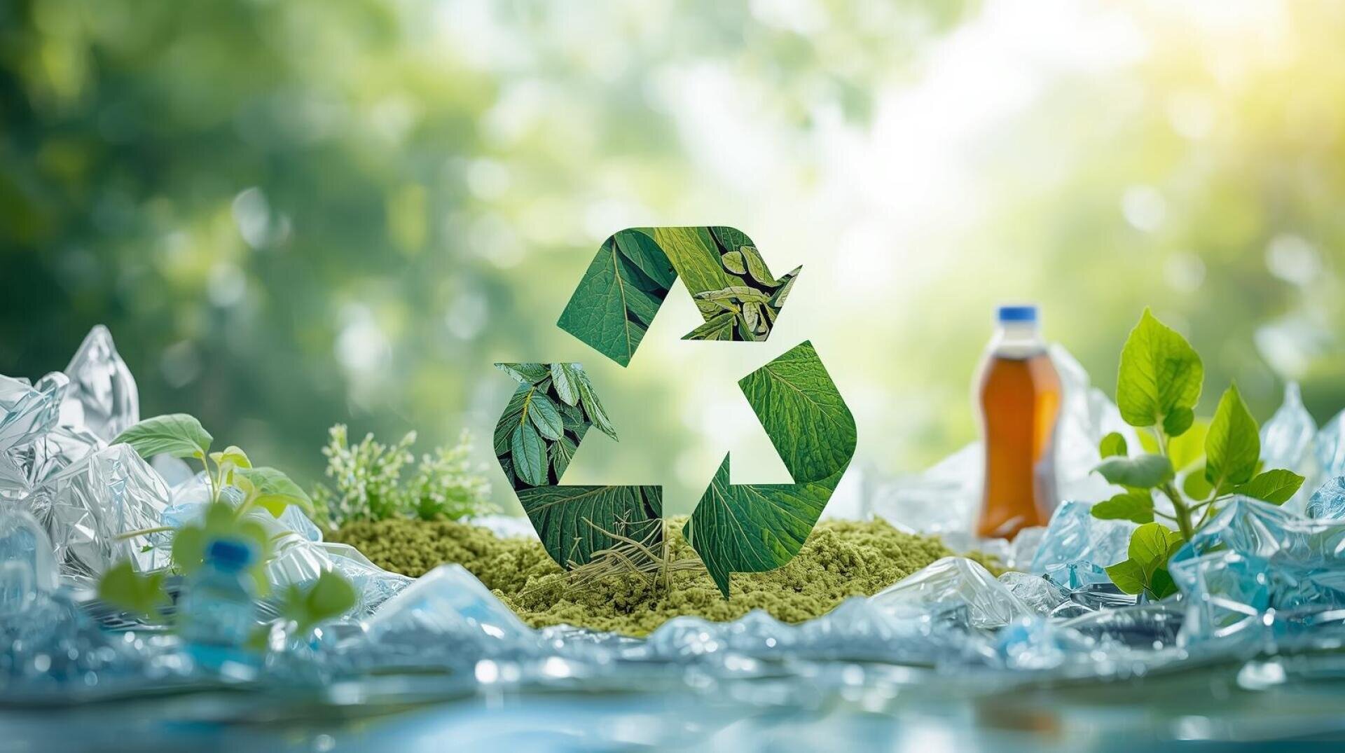 Ein grünes Recycling-Symbol mit Blatt-Texturen steht auf Moos, umgeben von Plastikflaschen und Pflanzen, mit einem unscharfen natürlichen Hintergrund, der Umweltschutz und Recycling symbolisiert.