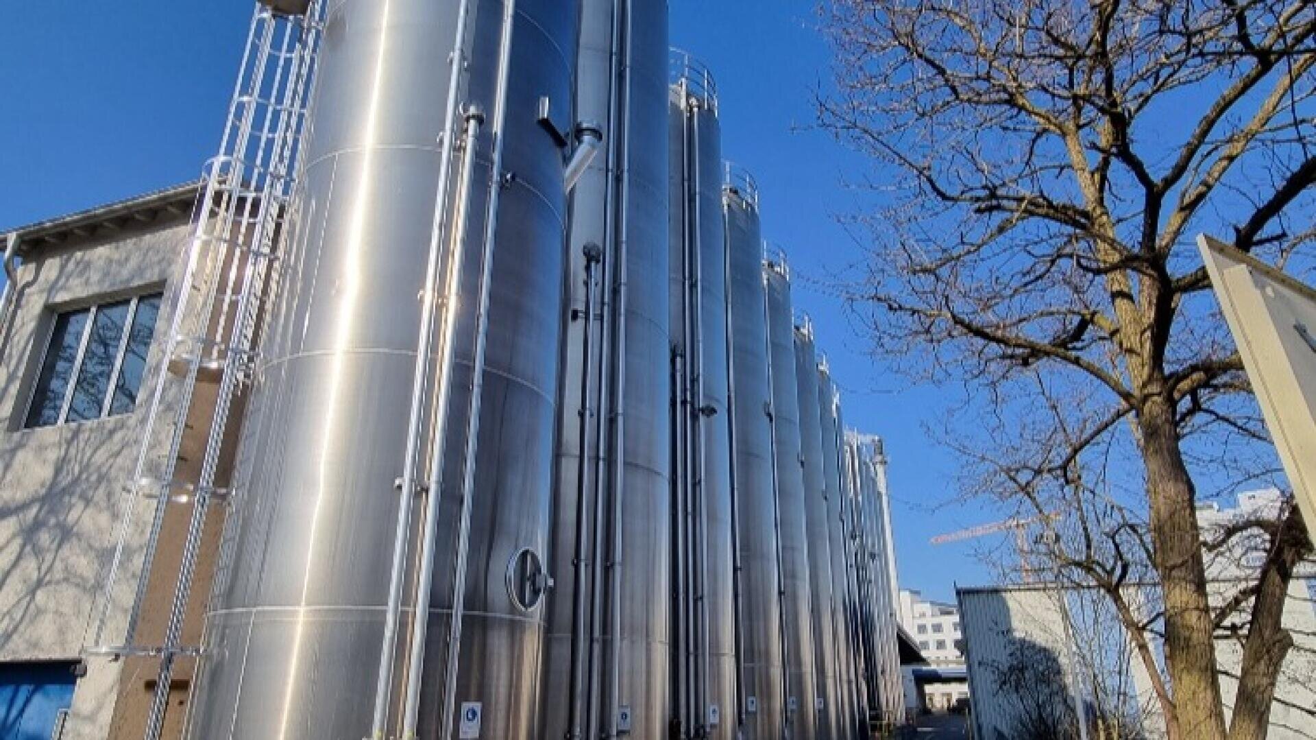 Eine Reihe hoher, glänzender Metallsilos steht neben einem Industriegebäude unter einem klaren blauen Himmel, mit einem blattlosen Baum auf der rechten Seite des Bildes.