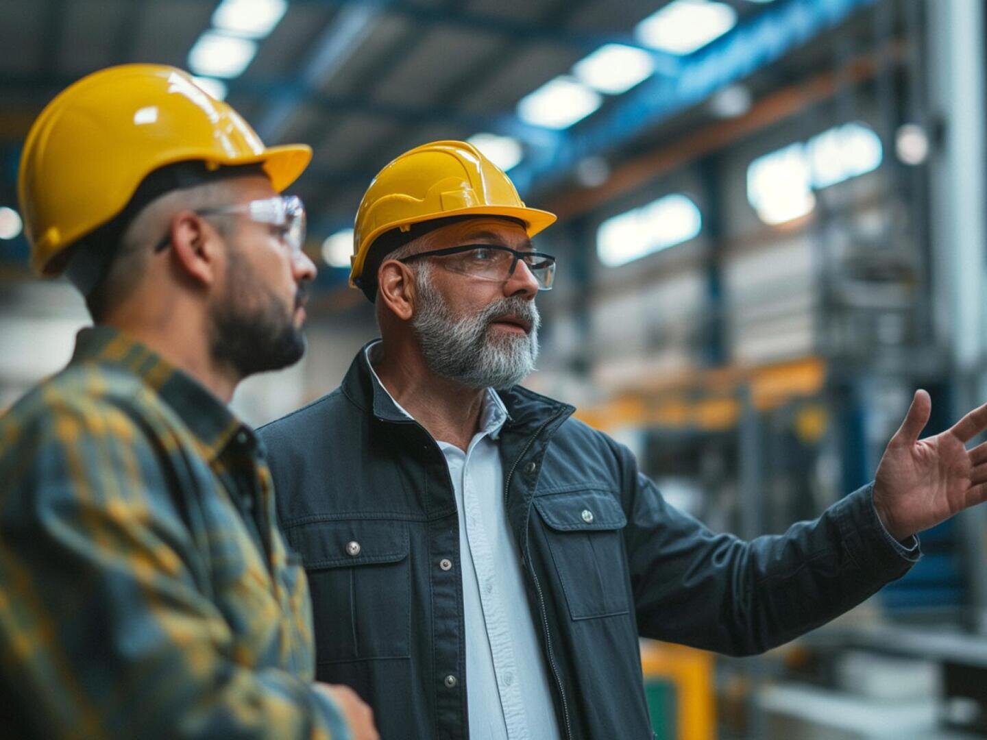 Zwei Männer mit gelben Schutzhelmen und Schutzbrillen stehen in einer Fabrik. Der eine gestikuliert beim Sprechen, der andere hört aufmerksam zu. Im Hintergrund sind Industrieanlagen und Metallträger zu sehen.
