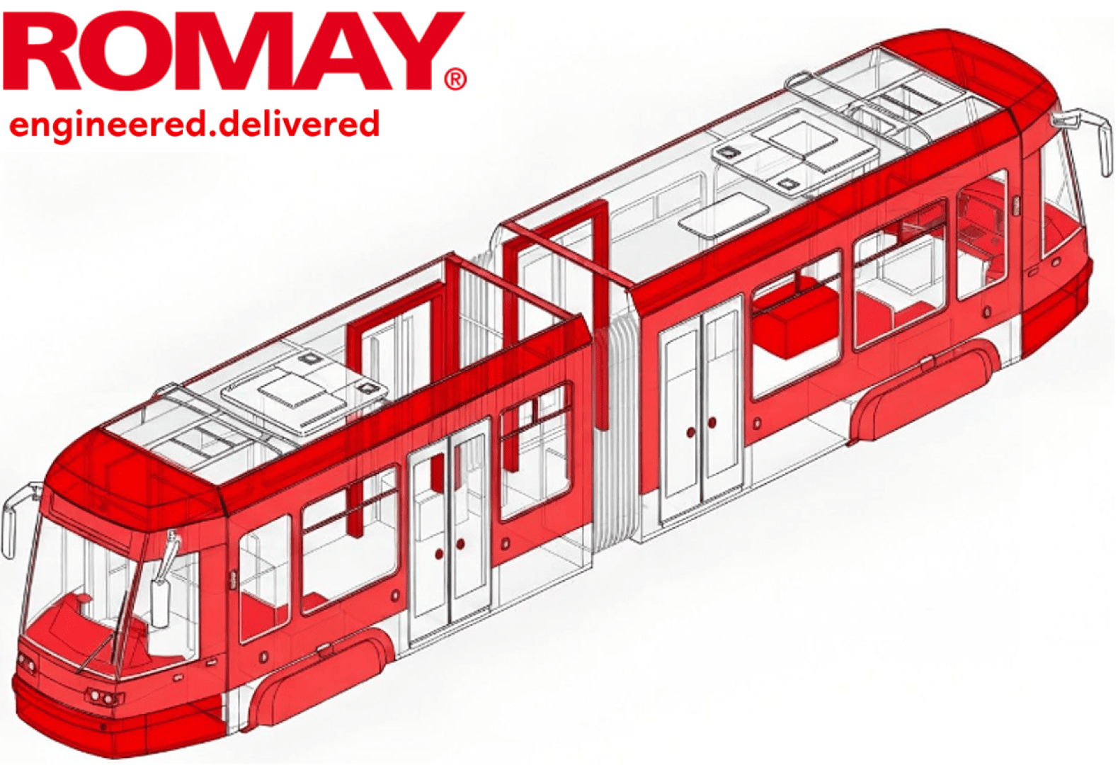 Ein technisches Diagramm einer roten Gelenkstraßenbahn mit transparenten Abschnitten, die die innere Struktur zeigen, unter dem ROMAY-Logo und dem Slogan engineered.delivered in der oberen linken Ecke.