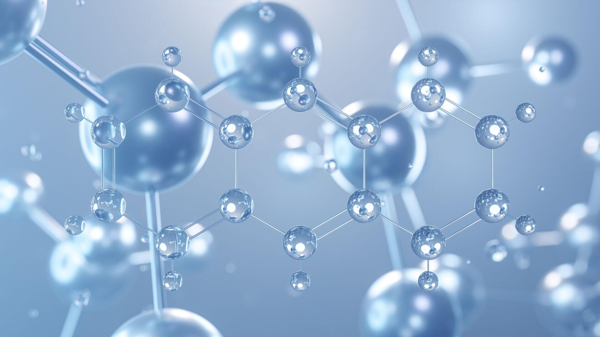 Une illustration numérique de molécules transparentes et brillantes reliées par des liaisons, formant une structure moléculaire sur un fond bleu clair. L'image représente un concept scientifique ou chimique.