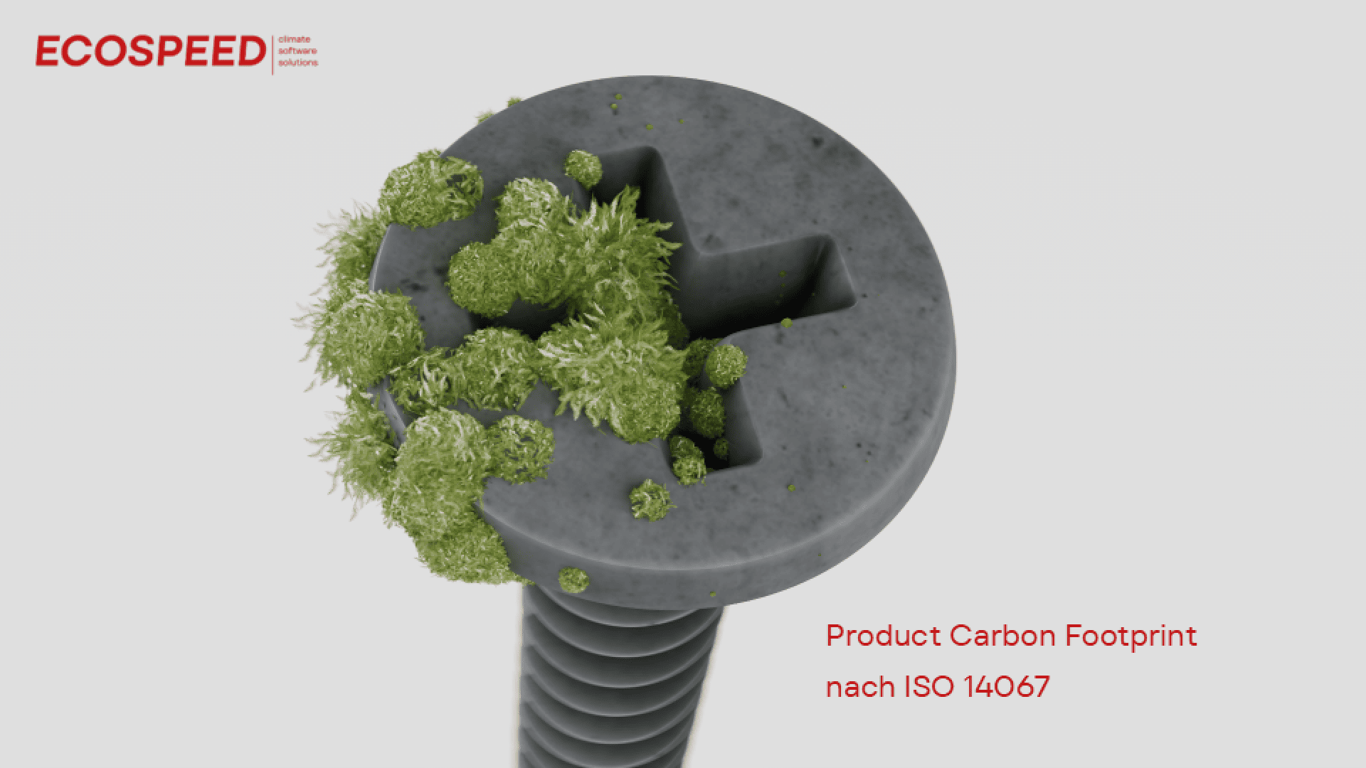 Gros plan sur une vis grise sur la tête de laquelle pousse de la mousse verte. Le logo ECOSPEED se trouve en haut à gauche et le texte Product Carbon Footprint selon ISO 14067 est écrit en rouge en bas à droite.
