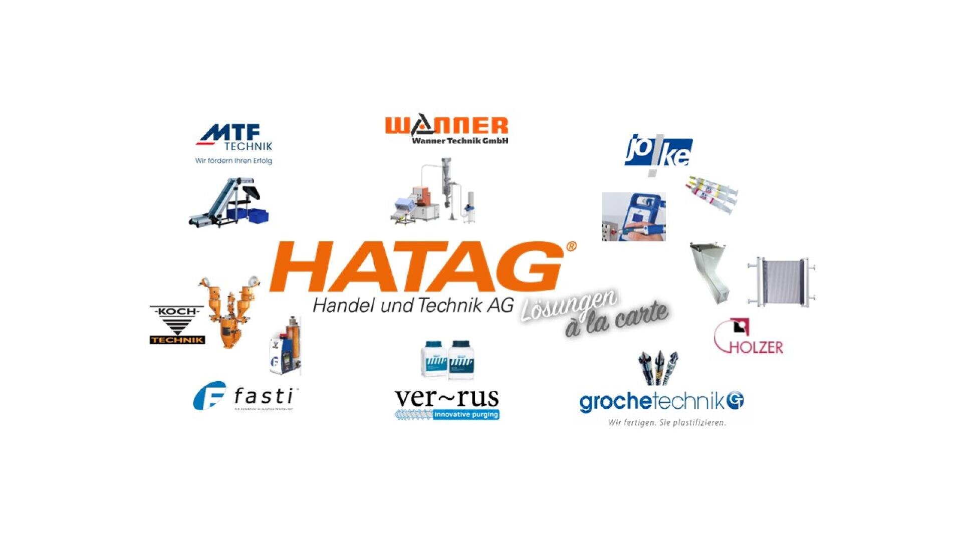Eine Collage mit dem HATAG-Logo in der Mitte, umgeben von verschiedenen Maschinen, Geräten, Heizkörpern und Logos von Partnerunternehmen auf weißem Hintergrund.