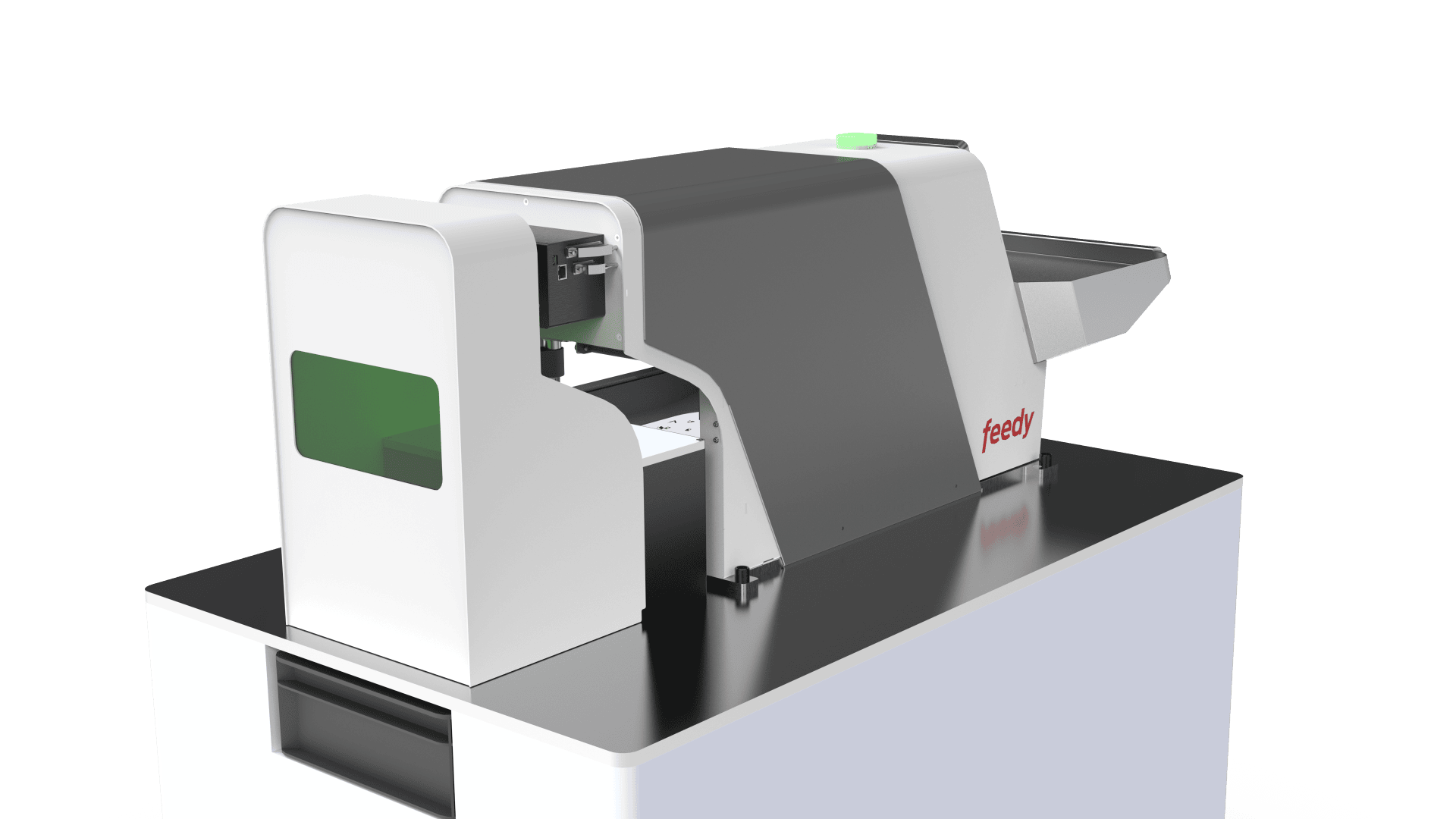 Ein moderner, industrieller Futterautomat in schlichtem weiß-grauem Design steht auf einer schwarzen Arbeitsplatte. Das Gerät hat einen grünen Knopf, ein Förderband und den Markennamen feedxy in roten Buchstaben.