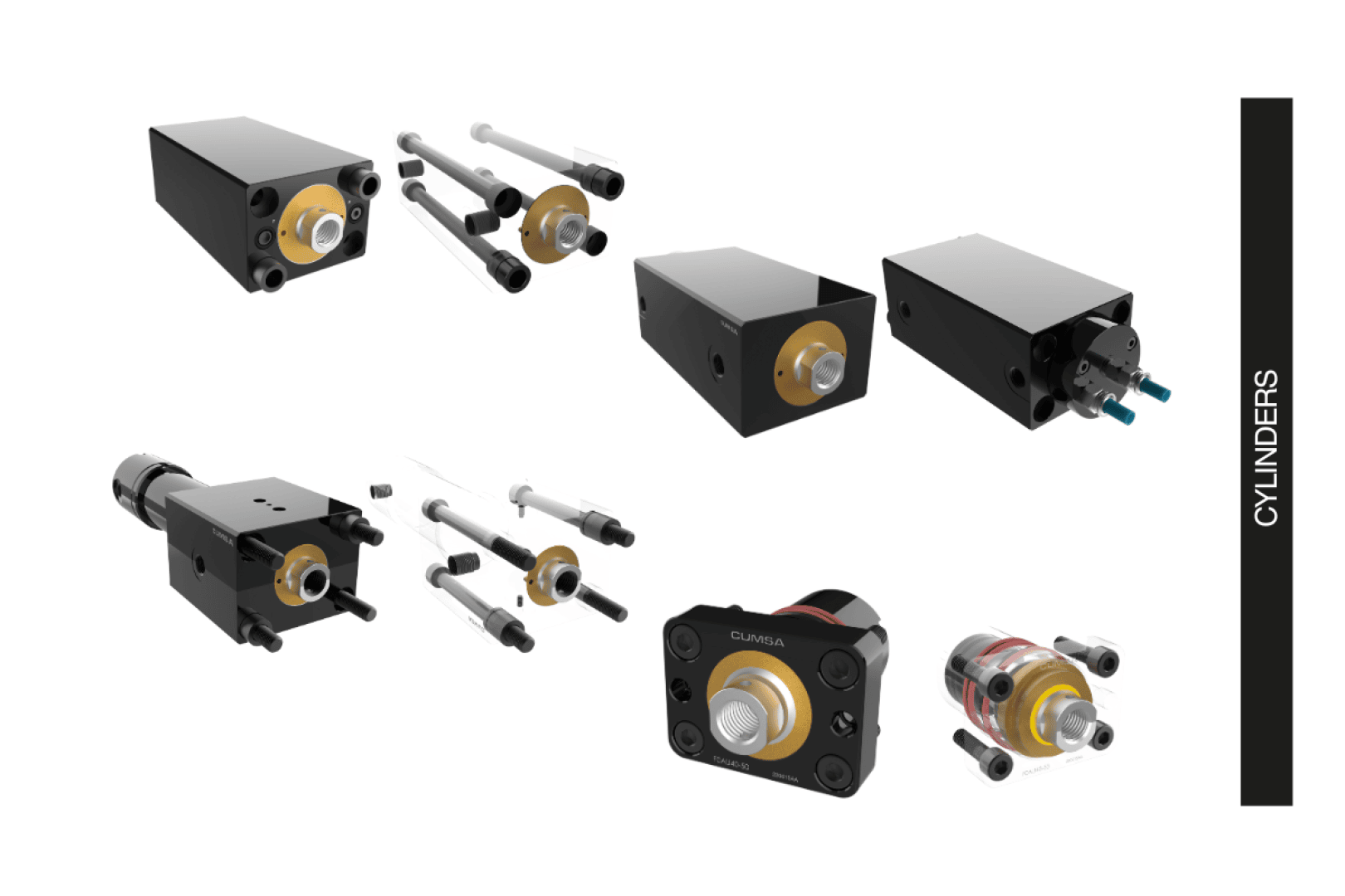 Une collection de cylindres hydrauliques ou pneumatiques noirs et métalliques présentés sous différents angles, dont certaines parties sont séparées, représentés sur un fond blanc. Une barre verticale noire sur le côté droit contient le mot CYLINDERS.