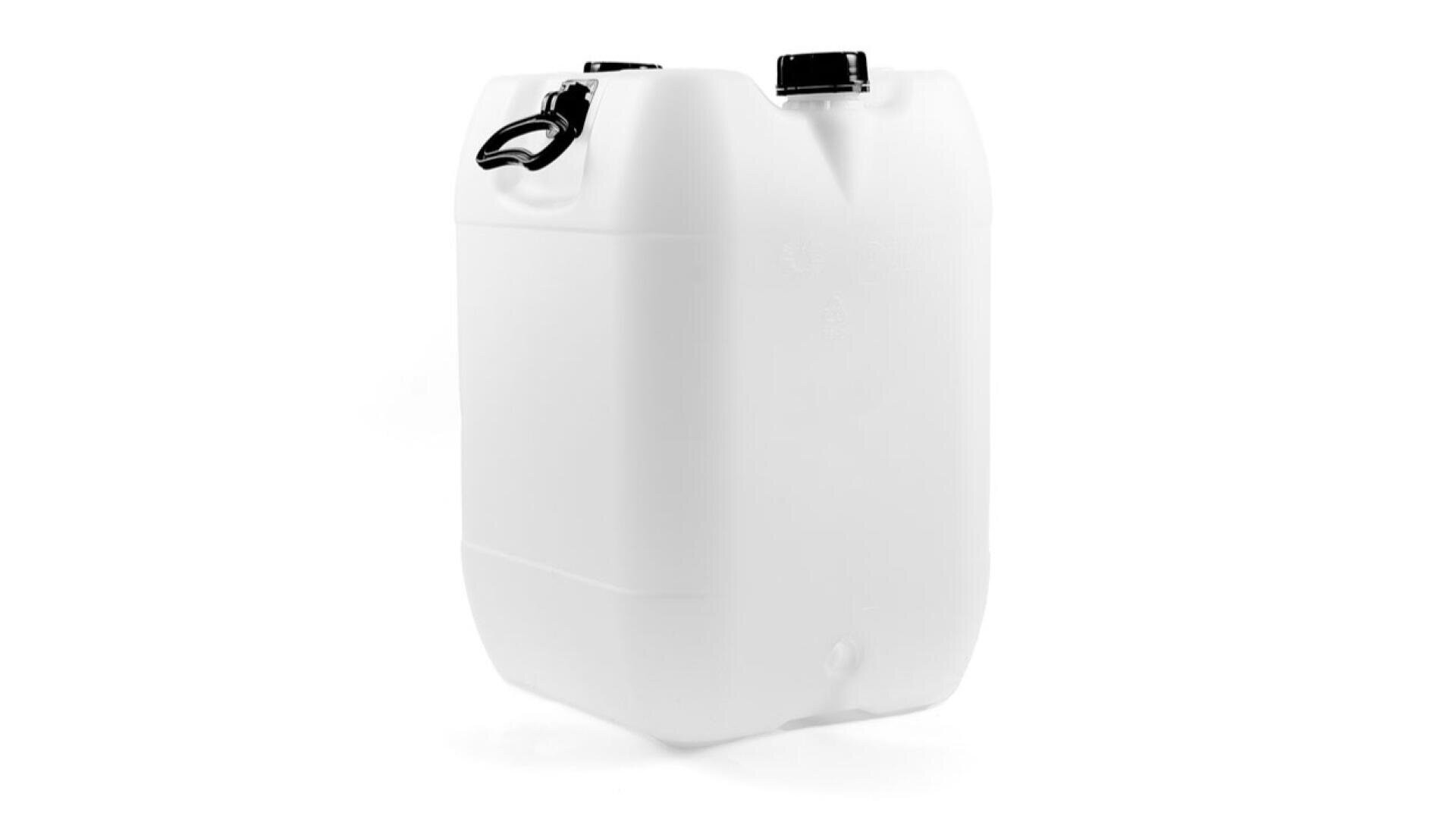 Un grand jerrycan rectangulaire en plastique blanc avec un bouchon à vis noir et une poignée intégrée, représenté sur un fond blanc.