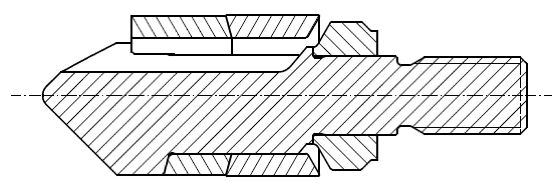 Technische Querschnittszeichnung einer mechanischen oder hydraulischen Armatur mit verschiedenen Innen- und Außengewinden, abgestuften zylindrischen Abschnitten und einer gestrichelten Mittellinie, die die Symmetrie anzeigt.