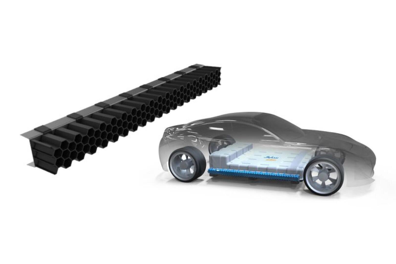 Ein transparentes Automodell zeigt die Anordnung des Batteriepacks im Inneren neben einer in 3D gerenderten schwarzen Wabenstruktur und veranschaulicht ein Konzept für die Gestaltung von Autobatterien.