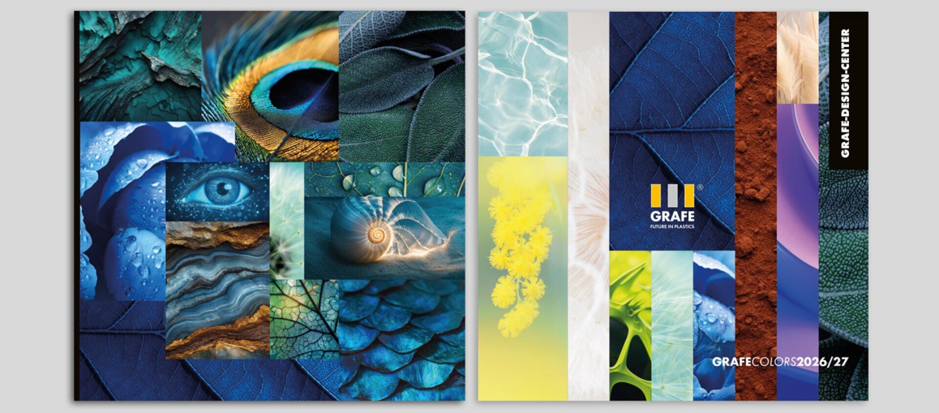 Eine Collage aus lebendigen, von der Natur inspirierten Bildern, darunter Federn, Blätter, Wasser, Mineralien und ein Auge, angeordnet in geometrischen Formen mit blauen, grünen, gelben und braunen Farbtönen. Das GRAFE-Logo erscheint auf der rechten Seite.