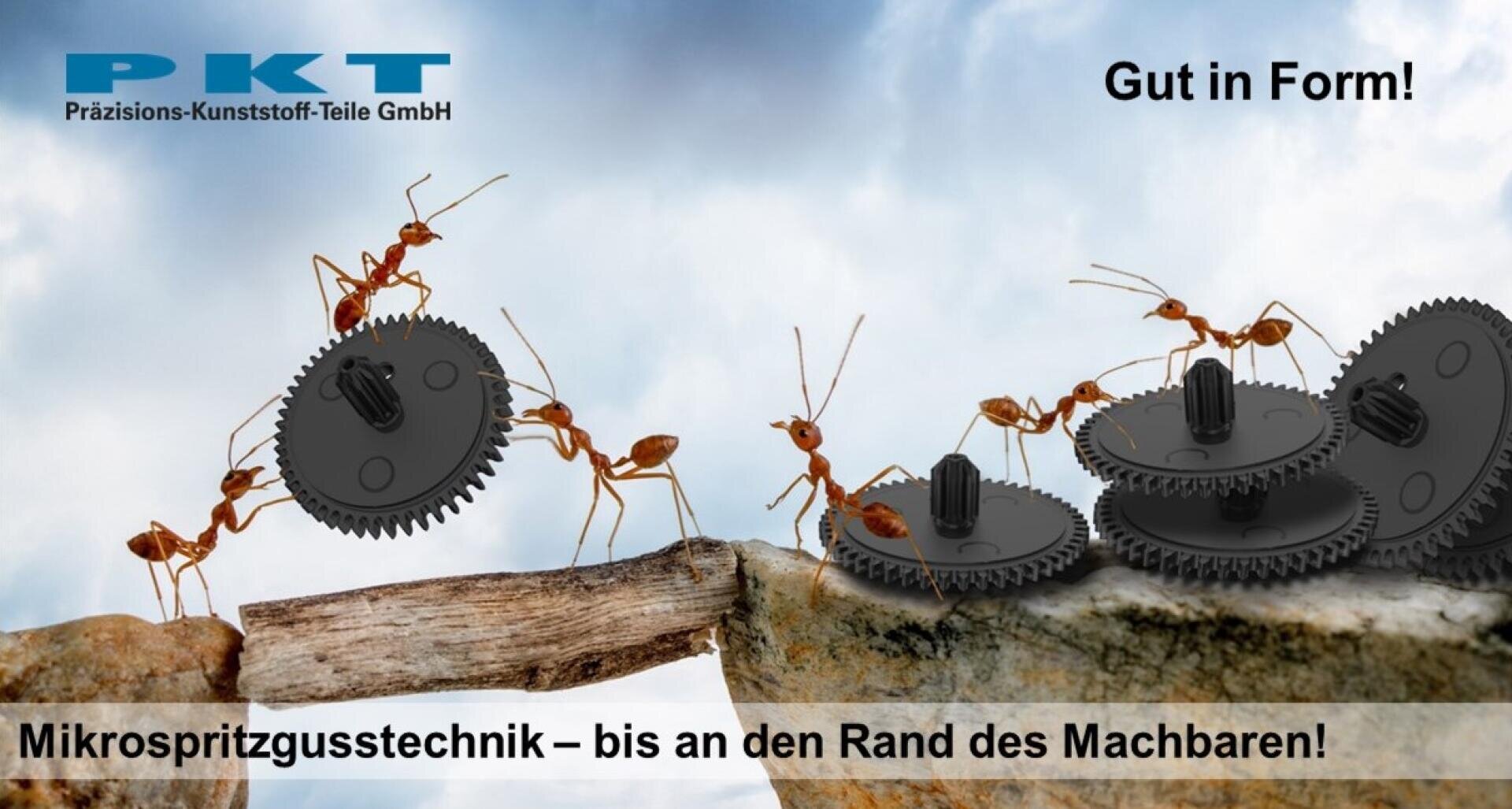 Vier Ameisen arbeiten zusammen, um schwarze Kunststoffzahnräder über eine Lücke zwischen zwei Ästen zu bewegen. Im Hintergrund sind das PKT-Firmenlogo und ein deutscher Text über Präzisionskunststoffteile und Mikrospritzgusstechnologie zu sehen.