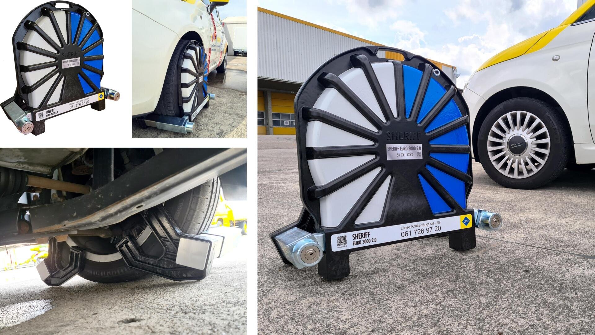 Eine schwarz-blau-weiße Radklemme, die an einem Autoreifen befestigt ist, wird in mehreren Blickwinkeln und Nahaufnahmen gezeigt, sowohl auf dem Boden als auch im Einsatz, vor einem gelb-weißen Gebäude.