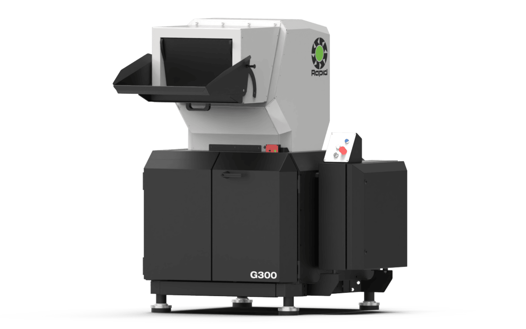 Eine schwarz-weiße Industriemaschine mit der Bezeichnung G300 mit offener Frontklappe, Bedienfeld auf der rechten Seite und dem Rapid-Logo auf dem oberen Teil, vor einem schlichten weißen Hintergrund.