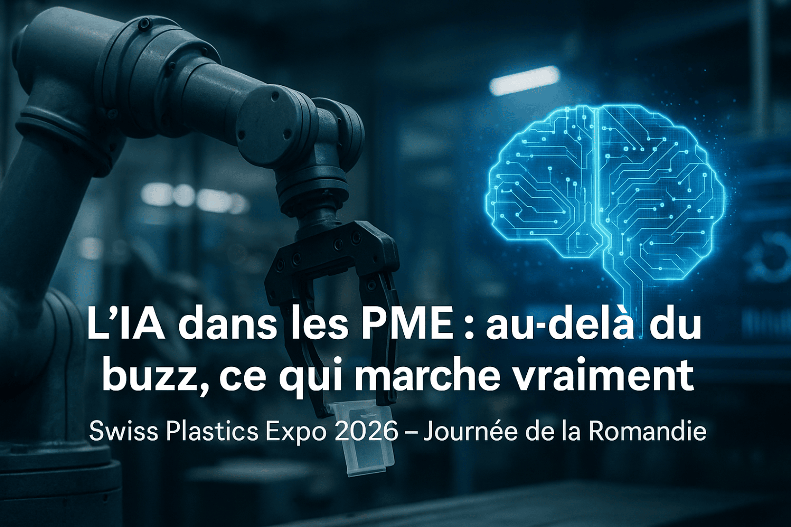 Ein Roboterarm in einer Fabrik streckt seine Hand nach einem Symbol für ein digitales Gehirn aus, mit einem Text auf Französisch, der KI in kleinen Unternehmen auf der Swiss Plastics Expo 2026 diskutiert, Romandie-Tag.