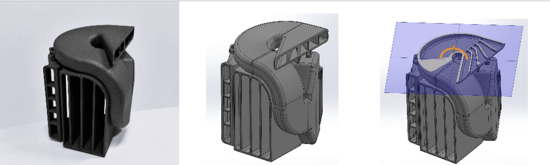 Drei Stufen eines 3D-gedruckten Objekts: ein physisches schwarzes Modell links, ein digitales CAD-Rendering in der Mitte und ein CAD-Bild rechts, das eine Schnittebene durch die Oberseite zeigt.