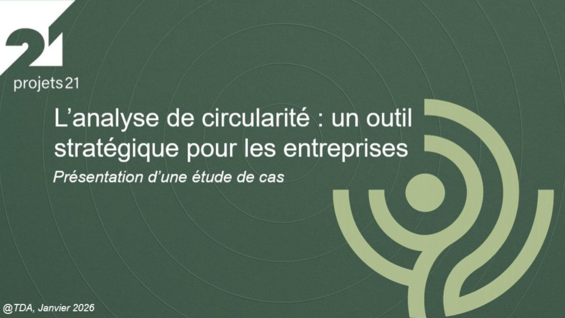 Grüne Folie mit Logo und Text von projets21: Die Analyse der Zirkularität: ein strategisches Instrument für Unternehmen. Präsentation einer Fallstudie. Abstrakte Kreiszeichnung unten rechts.