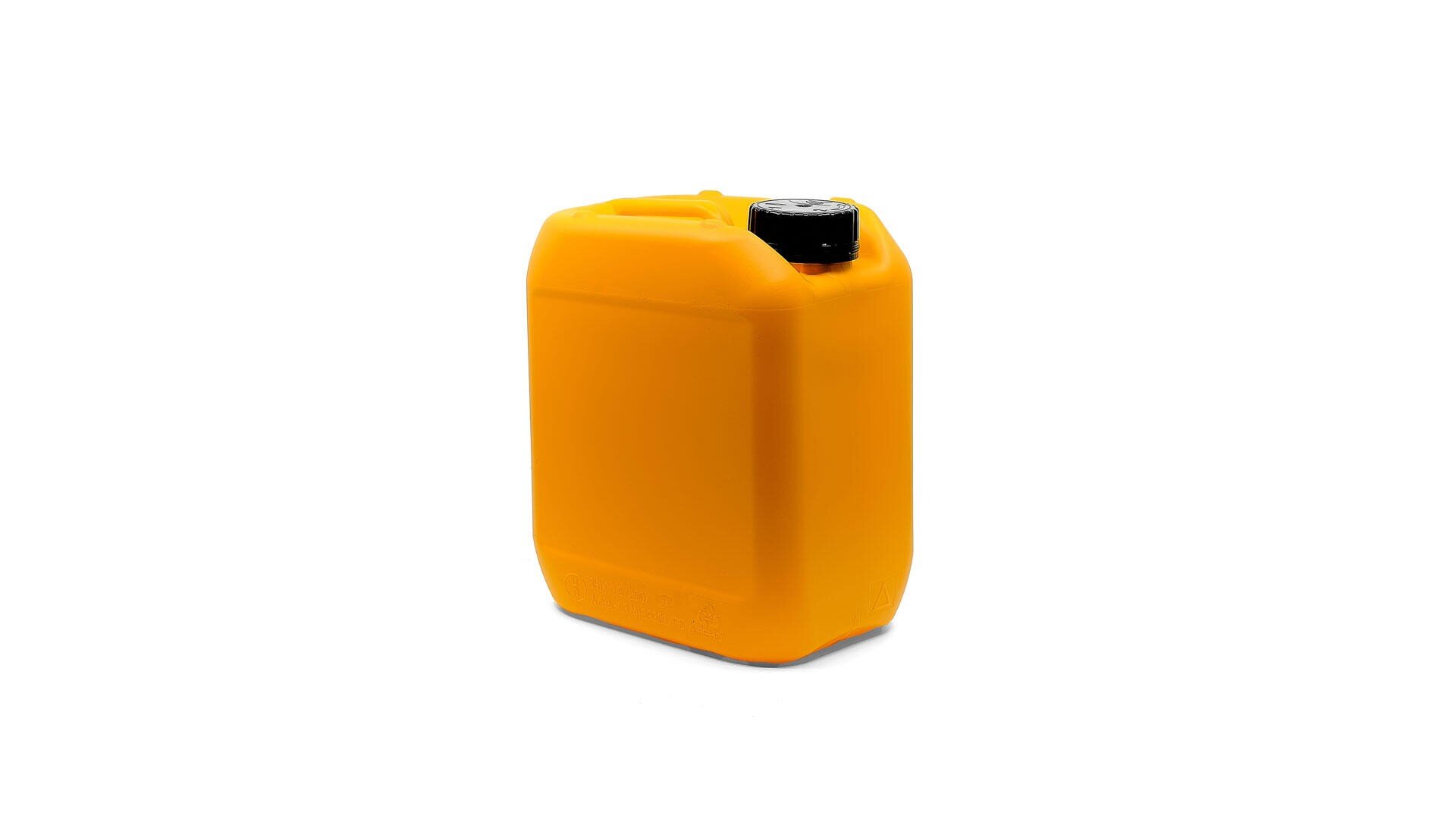 Ein leuchtend gelber Kunststoffkanister mit schwarzem Schraubverschluss vor einem schlichten weißen Hintergrund.