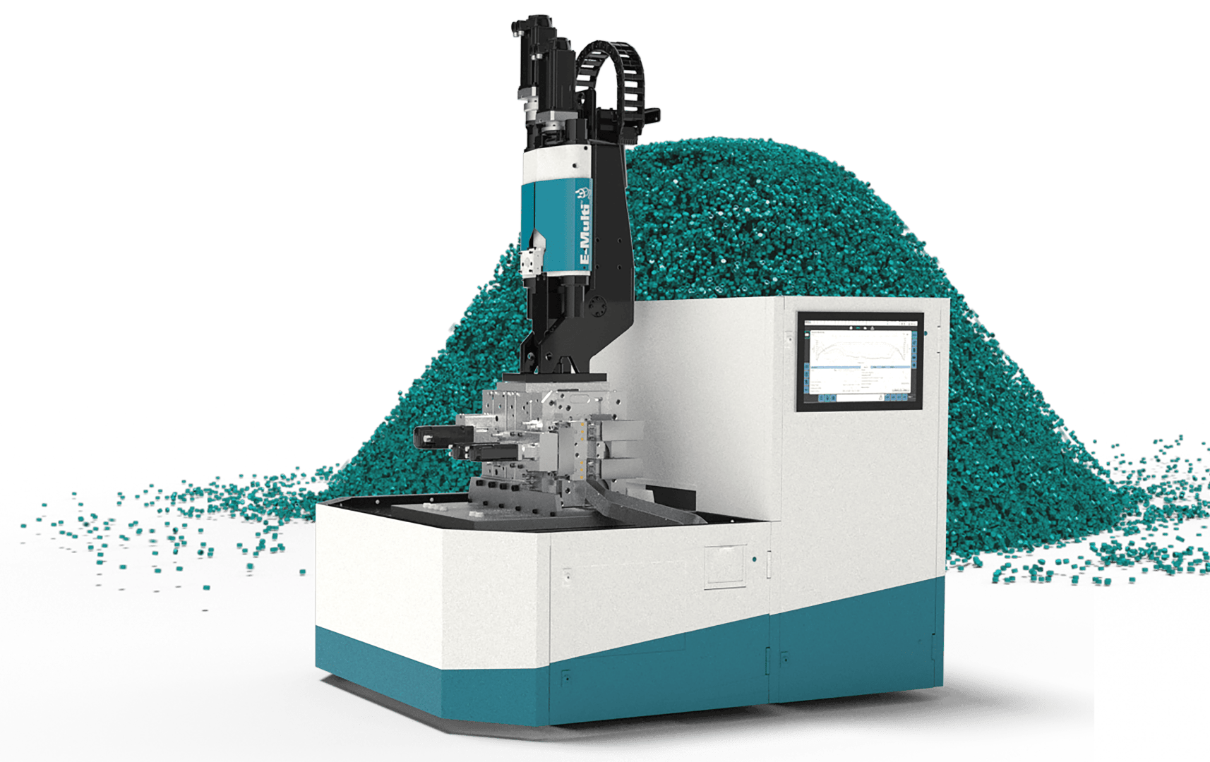 Une machine industrielle moderne avec un bras robotisé et un écran de contrôle devant une grande pile de granulés de plastique bleu-vert sur fond blanc.