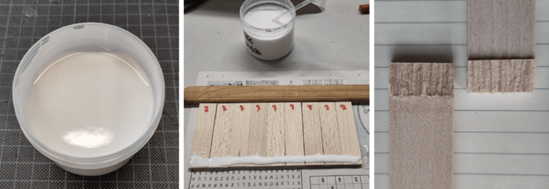 Drei Bilder: ein Becher mit weißem Flüssigleim, aufgereihte Holzteile mit aufgetragenem Leim und zwei Holzteile, die auf einer ausgelegten Fläche zusammengefügt sind und die Leimverbindung zeigen.