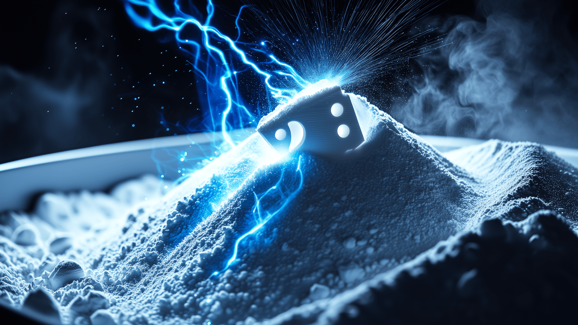 Un cube blanc émet des étincelles électriques bleues alors qu'il repose sur un monticule de poudre blanche, entouré de brouillard et d'un éclairage dramatique qui donne une sensation d'énergie et d'intensité.