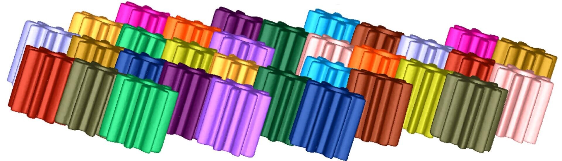 Un réseau 3D de blocs rectangulaires colorés à rayures verticales, disposés en rangées ordonnées, chaque rangée présentant une variété de couleurs vives telles que le bleu, le vert, le rose, l'orange, le jaune et le rouge.