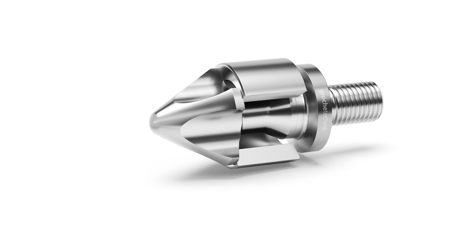 Eine metallisch glänzende, kegelförmige Industriedüse mit einem Gewinde und abgewinkelten Rippen auf weißem Hintergrund.