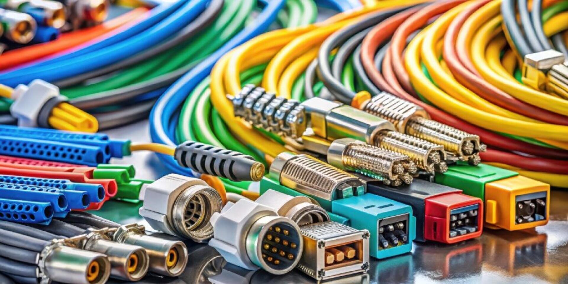 Eine Vielzahl von bunten elektrischen Kabeln und Steckern sind ordentlich auf einer reflektierenden Oberfläche angeordnet und zeigen verschiedene Arten von Steckern, Buchsen und Drähten in blau, grün, gelb, rot, orange und schwarz.