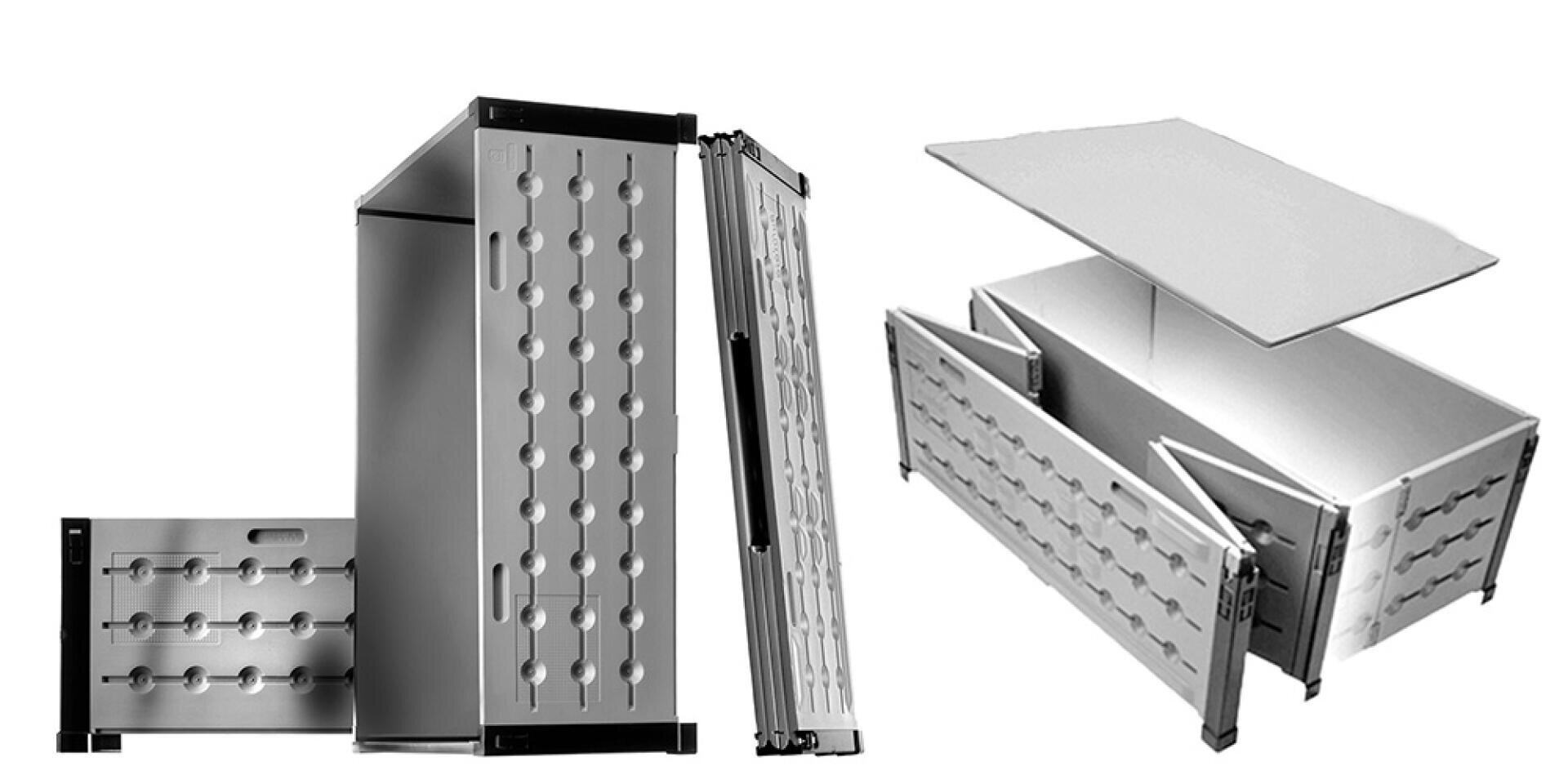 Zwei Ansichten einer rechteckigen, faltbaren Aufbewahrungsbox aus Metall: Die eine zeigt die Box teilweise zusammengeklappt, die andere offen, mit abgetrenntem Deckel und Seiten, was die faltbare Konstruktion hervorhebt.