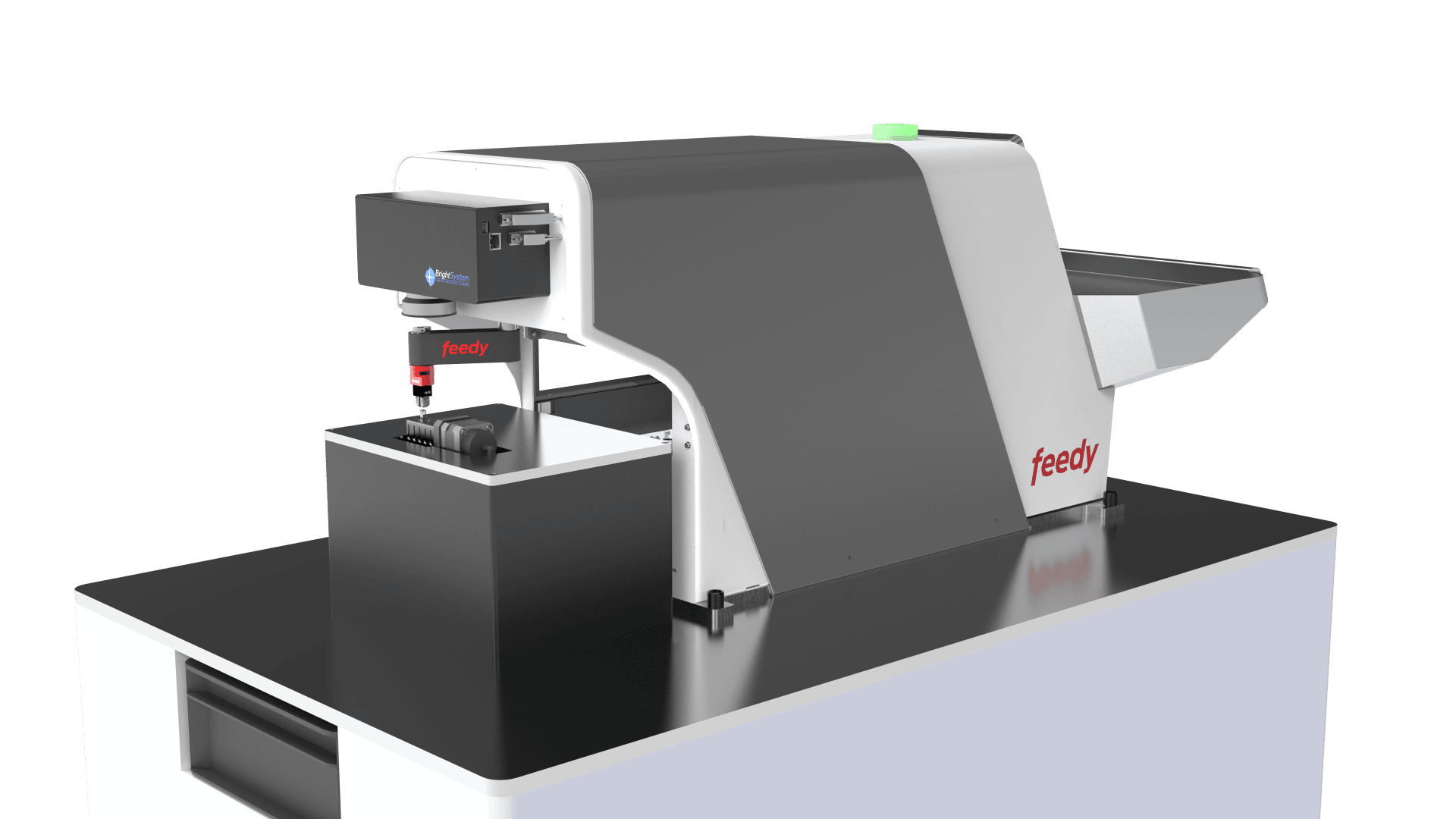 Ein moderner, automatischer Essensautomat mit der Aufschrift feedy steht auf einer Arbeitsplatte und verfügt über einen Spender, einen Tablettbereich und ein Bedienfeld mit einer grünen Taste, das für die Zubereitung oder Ausgabe von Speisen vorgesehen ist.