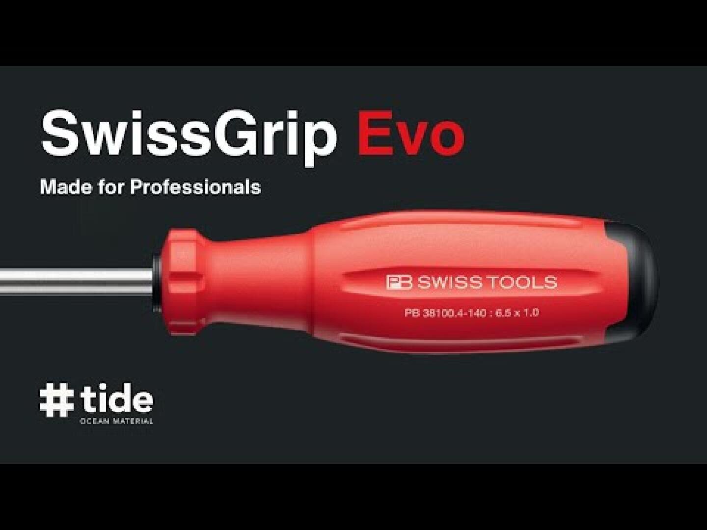 L'image représente un tournevis SwissGrip Evo rouge de PB Swiss Tools sur fond noir avec l'inscription blanche "Made for Professionals" et le logo #tide OCEAN MATERIAL dans le coin inférieur gauche.