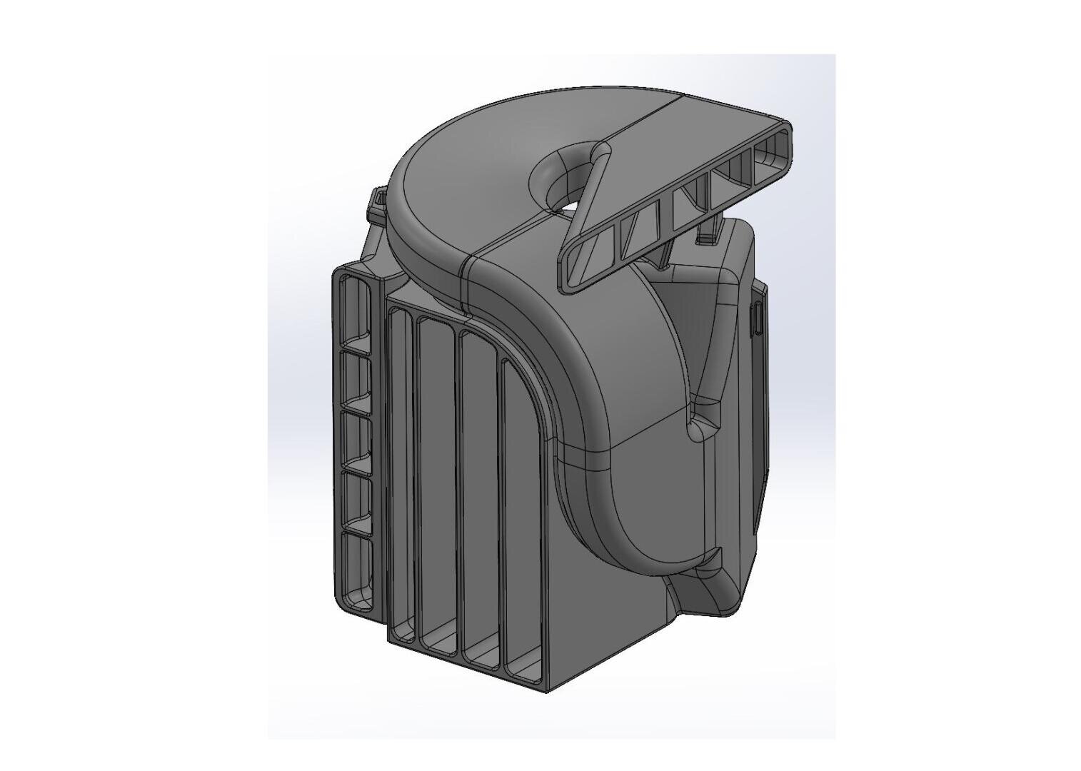 3D-CAD-Modell eines kompakten, rechteckigen Geräts mit einem großen, zylindrischen Oberteil und einer belüfteten, geschlitzten Seitenwand. An der oberen Vorderseite des Geräts befindet sich eine schräg verlaufende, lamellenartige Öffnung.