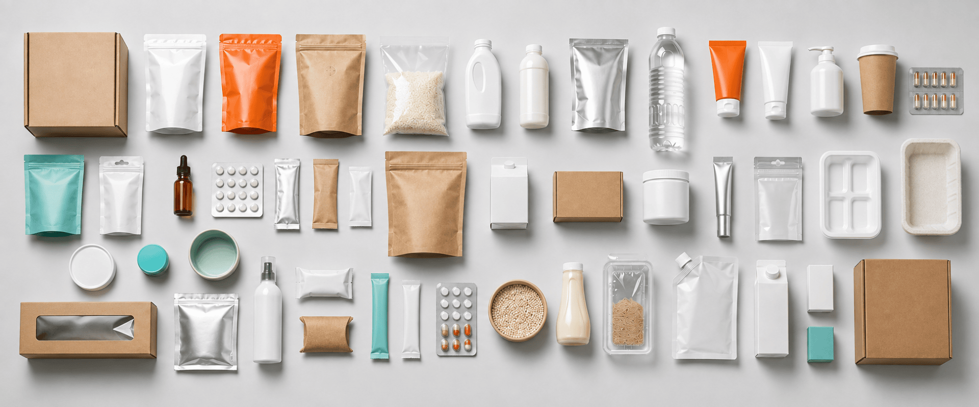 Verschiedene Verpackungsarten, darunter Schachteln, Flaschen, Gläser, Beutel, Blisterverpackungen und Schalen, ordentlich auf einer hellen Unterlage angeordnet, in neutralen und Pastelltönen.