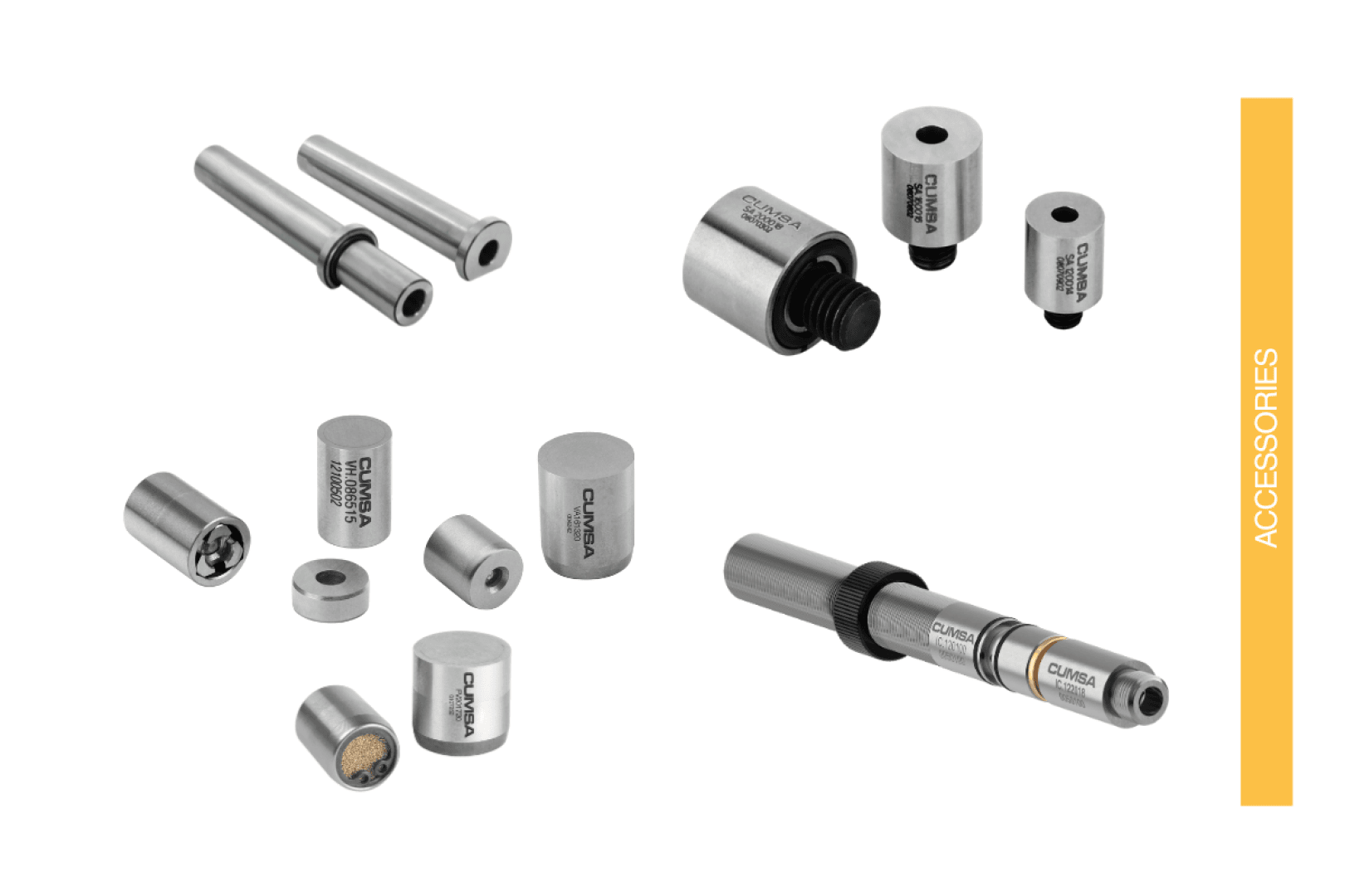 Sur un fond blanc, différents accessoires de machines cylindriques et tubulaires en métal sont représentés, avec une barre verticale orange sur le côté droit, contenant le mot ACCESSORIES en blanc.