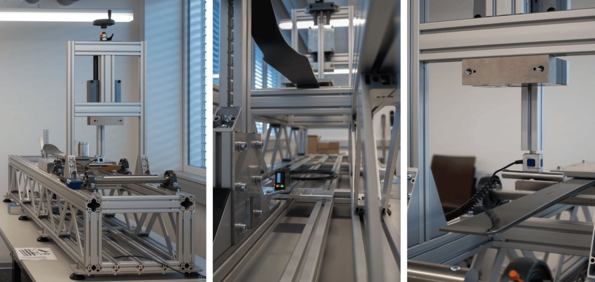 Drei Nahaufnahmen einer metallischen Laborprüfmaschine mit Sensoren, Schienen und einem beweglichen Pressteil, die auf einem Tisch in der Nähe eines Fensters mit Jalousien aufgestellt ist.