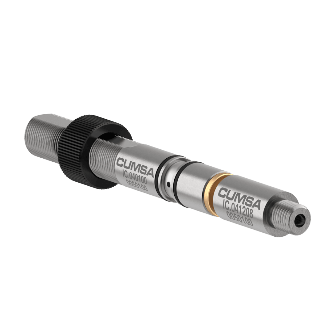 Un composant industriel métallique avec des extrémités filetées et un anneau noir ressemblant à un engrenage, étiqueté CUMSA et portant les numéros de pièces IC.04100 et IC.041208, représenté sur un simple fond blanc.