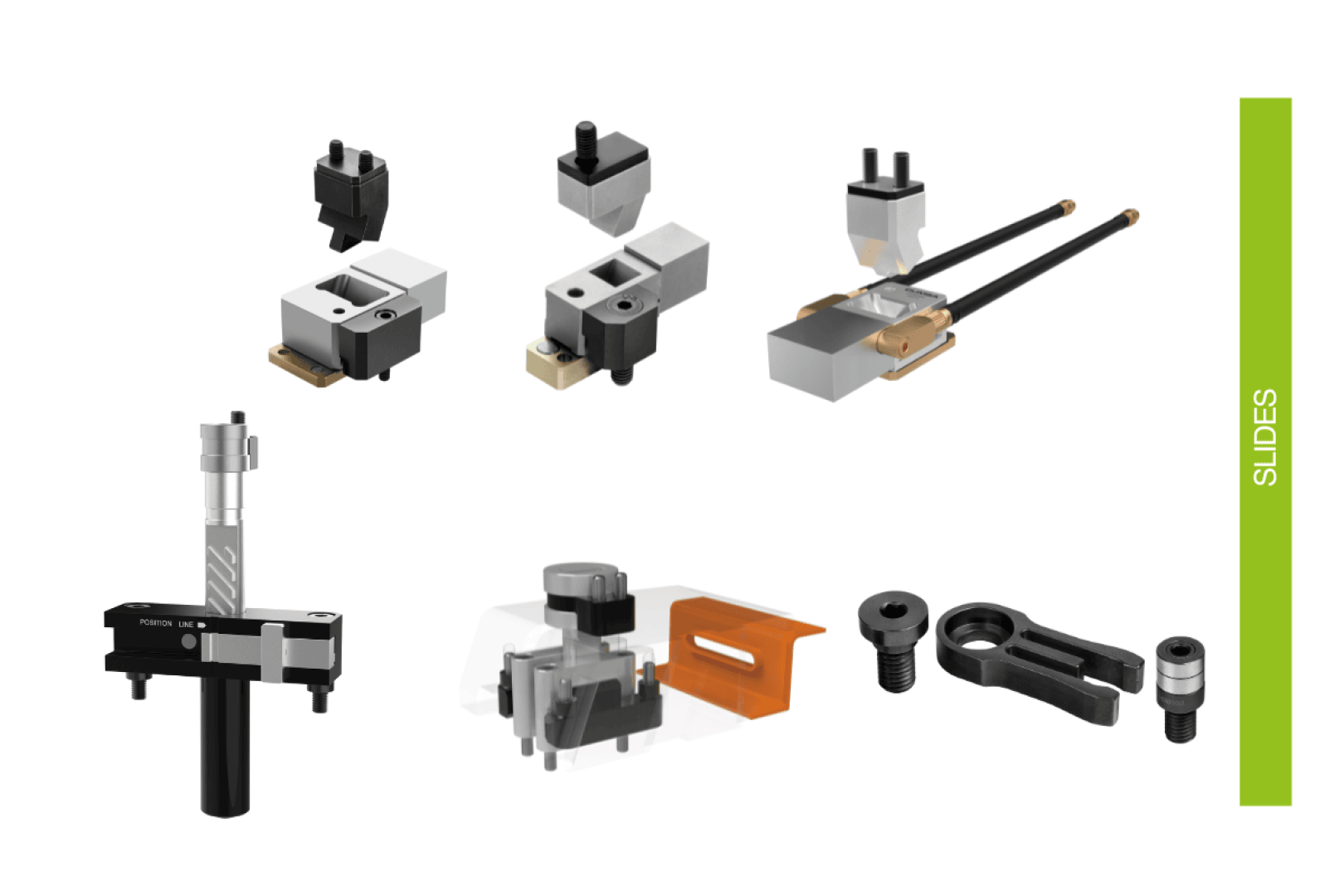 Une collection de différentes bornes coulissantes industrielles et de composants mécaniques sur fond blanc, avec une barre verticale verte sur le côté droit portant l'inscription SLIDES.