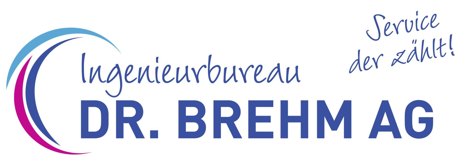 Logo de l'Ingenieurbureau Dr. Brehm AG avec des lignes courbes bleues et roses sur le côté gauche. Le slogan Service qui compte ! apparaît en bleu en haut à droite.