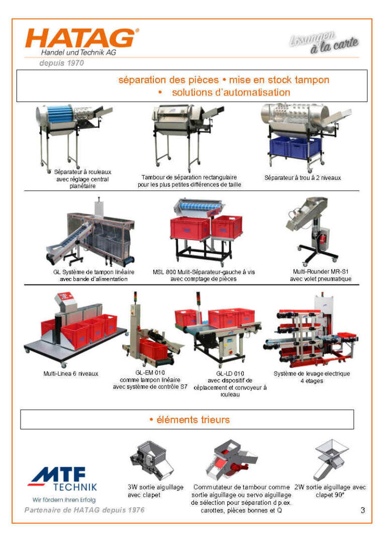 Page de catalogue présentant des machines automatisées pour le tri, le stockage et la séparation de pièces, y compris des convoyeurs, des tables rotatives et des trieurs de pièces, avec des images de l'équipement et de brèves descriptions en français. Logo MTF Technik en bas de page.