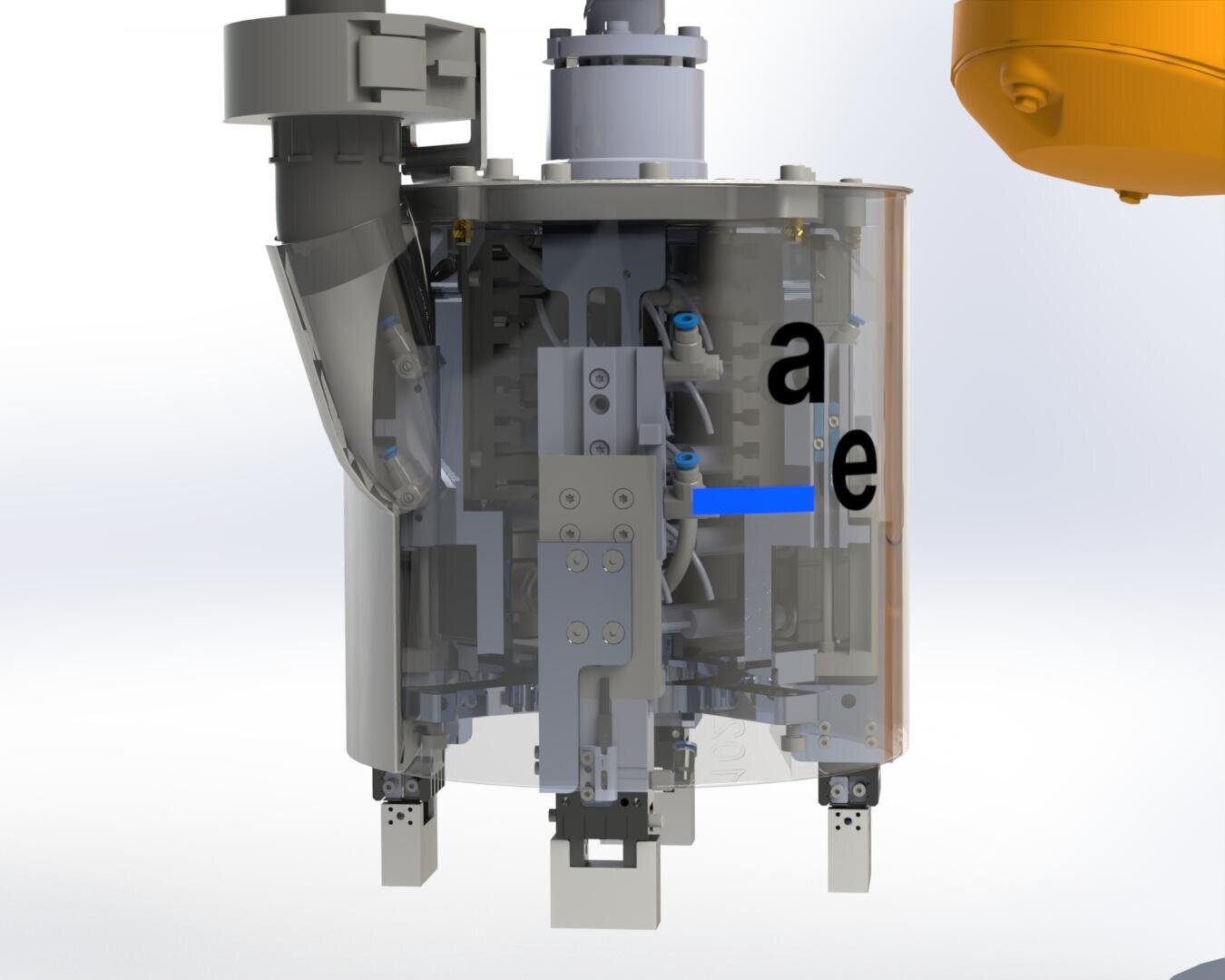 Rendu numérique d'un appareil mécanique avec un boîtier cylindrique transparent montrant les composants internes. Les lettres a et e et une ligne bleue sont inscrites sur les parties visibles à l'intérieur de l'appareil.