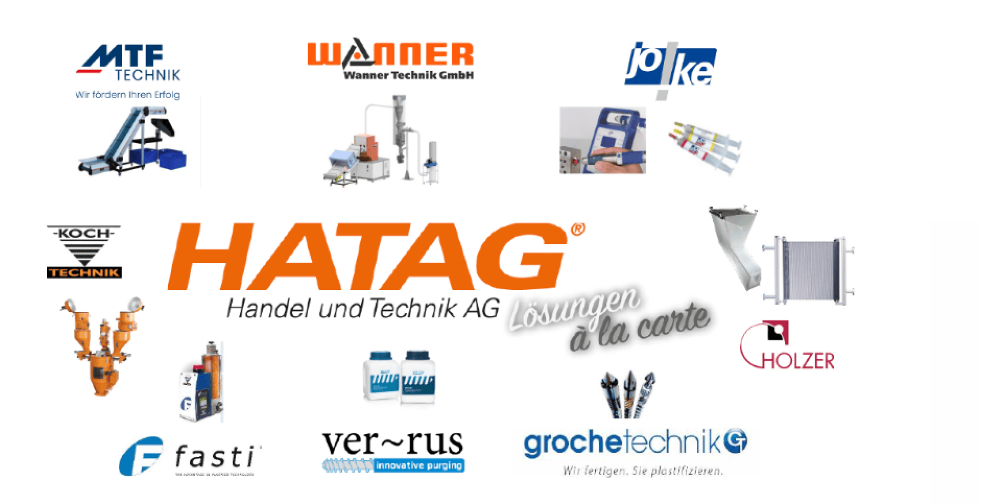 Collage de différents logos d'entreprises d'ingénierie et d'industrie, dont HATAG, entourés d'images de machines, de pièces et d'appareils, avec le texte "Handel und Technik AG" et "Solutions à la carte" au centre.