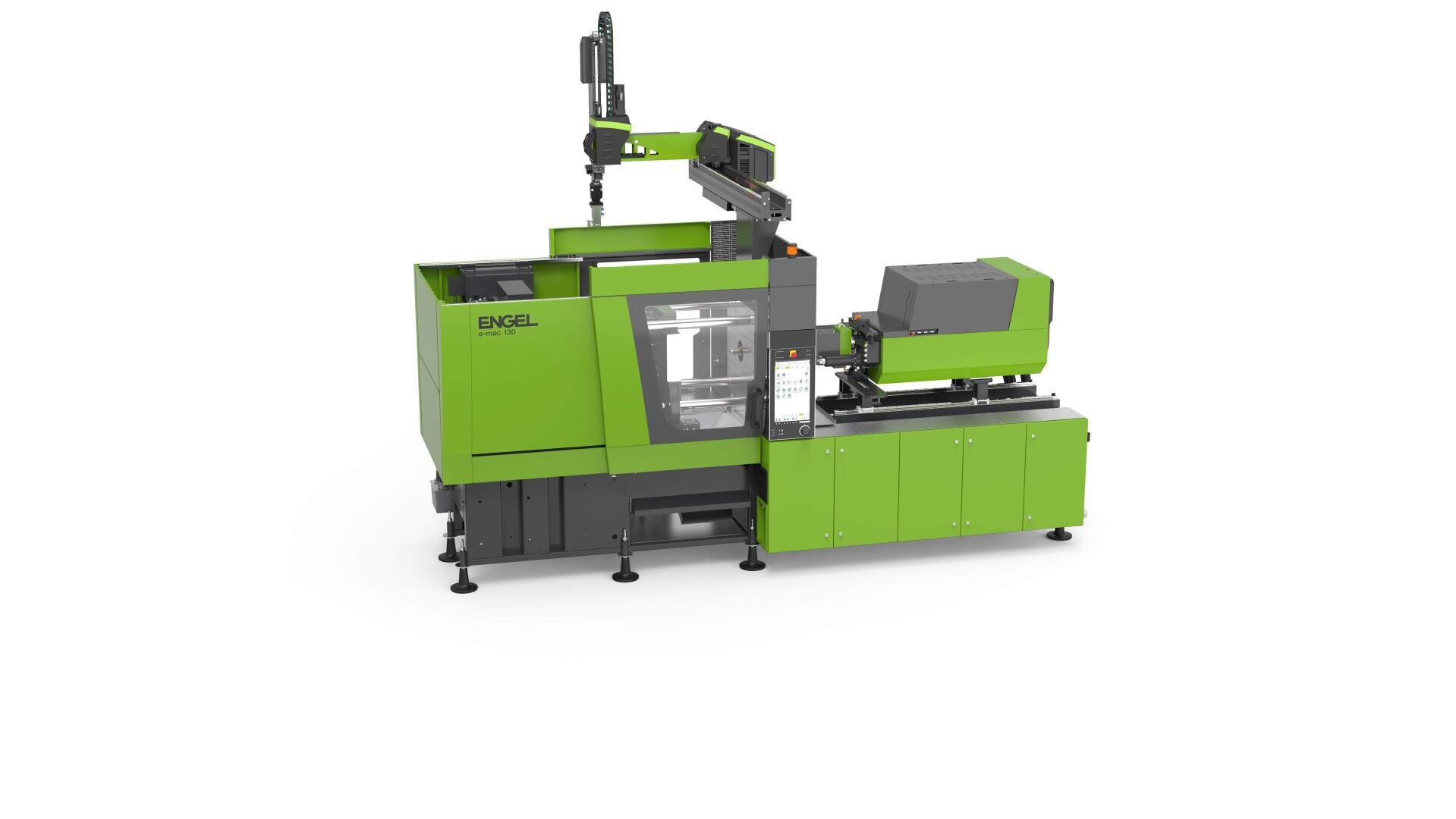 Eine grün-graue ENGEL-Spritzgießmaschine mit Roboterarm, Bedienfeld und sichtbarem Trichter, die zur Herstellung von Kunststoffteilen verwendet wird. Die Maschine ist vor einem schlichten weißen Hintergrund zu sehen.